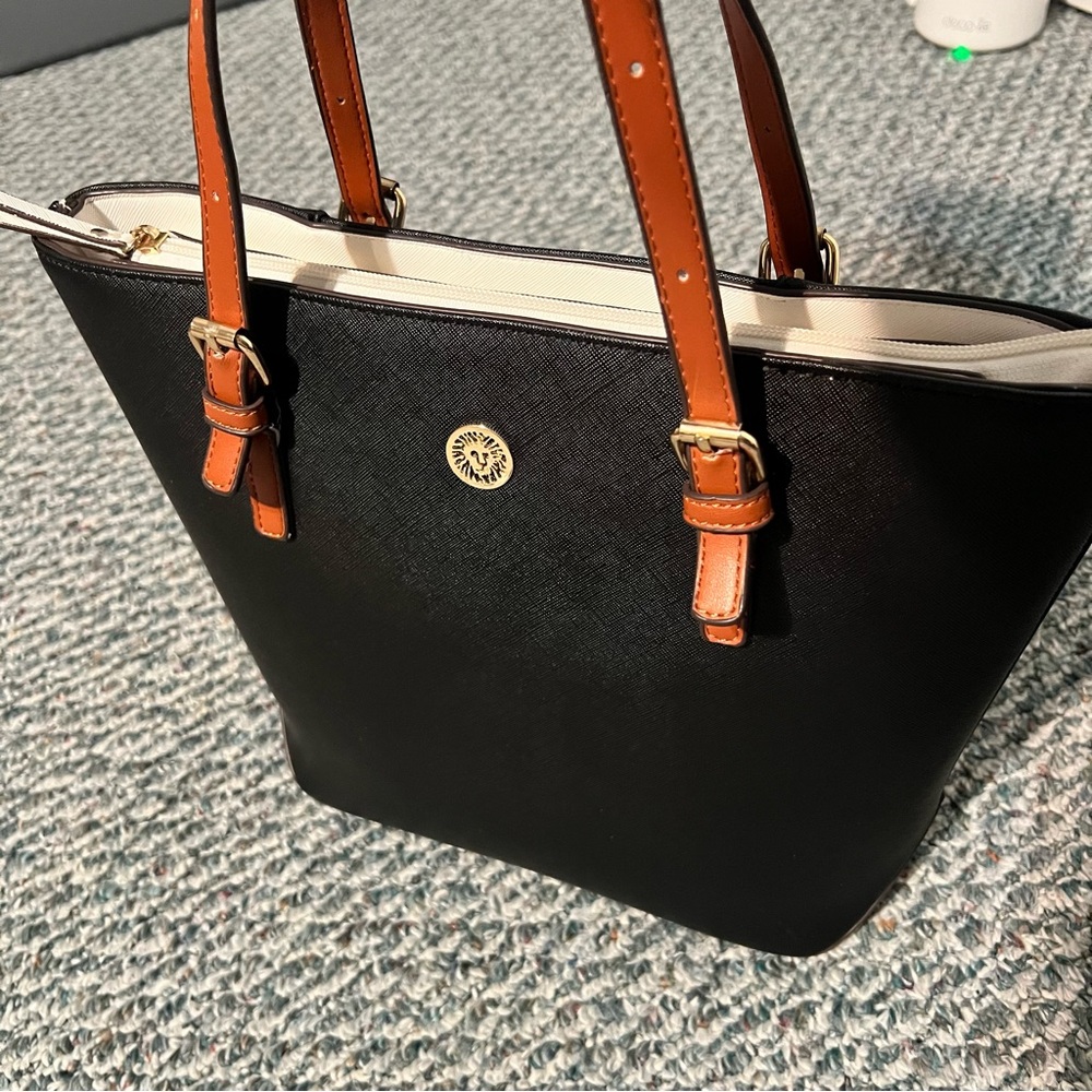 Anne Klein Black Lily Tote with Brown Straps